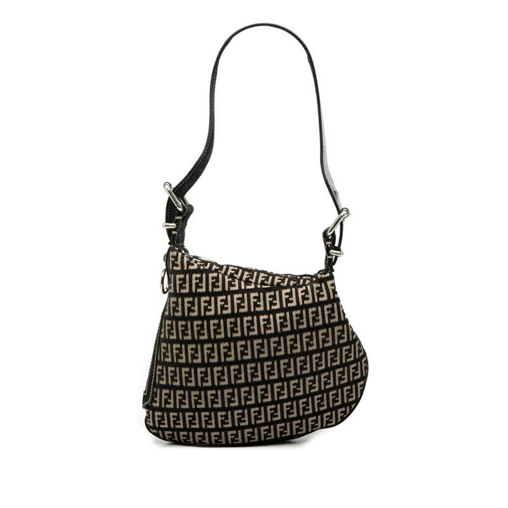 Fendi Zucchino Shoulder Bag Black Beige Cream Canvas Leather Suede